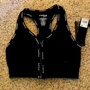 black bebe sports bra with zipper front
